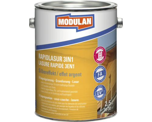 Lasure express MODULAN 3en1 gris argent 2,5 l Modulan Rapidlasur 3en1 Lasure pour bois avec effet argent dans une boîte de 2,5 litres