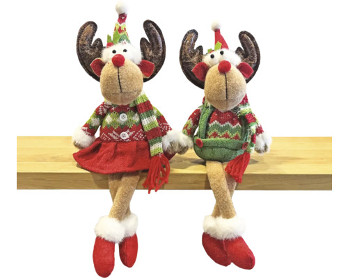 Zwei dekorative Weihnachtselche zum Sitzen mit Mütze und Schal