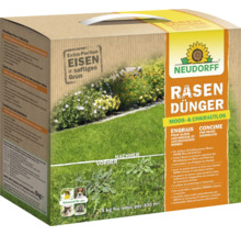 Neudorff Rasendünger Moos- und Unkrautlos Packung mit Hinweis auf Eisenzusatz
