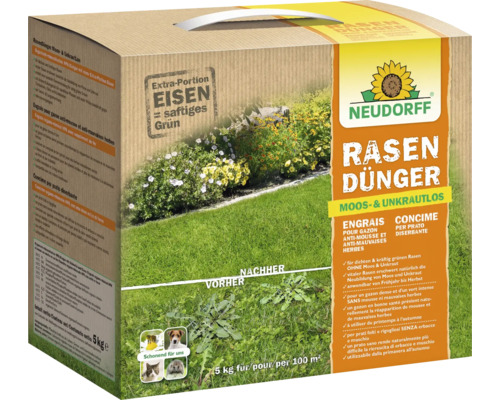 Neudorff Rasendünger Moos- und Unkrautlos Packung mit Hinweis auf Eisenzusatz