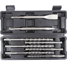 Set de burins pour marteau perforateur dans une boîte de rangement noire