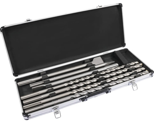 Jeu de burins et de forets pour marteau perforateur dans une mallette en aluminium