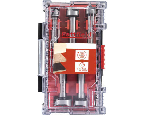 Pattfield Forstnerbohrer Set in transparenter Box mit Grössenangaben.