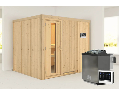 Sauna modulaire Karibu Gobina avec poêle bio 9 kW et commande externe, sans couronne, avec porte en bois et verre isolé thermiquement Sauna modulaire Karibu Gobina avec poêle bio 9 kW et commande externe, sans couronne, avec porte en bois et verre isolé thermiquement
