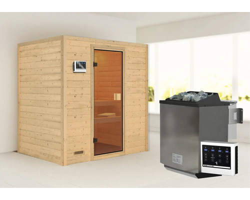 Sauna en bois massif Karibu Sonja avec poêle bio 9 kW et commande externe sans couronne avec porte entièrement vitrée couleur bronze Sauna en bois massif Karibu Sonja avec poêle bio 9 kW et commande externe sans couronne avec porte entièrement vitrée couleur bronze