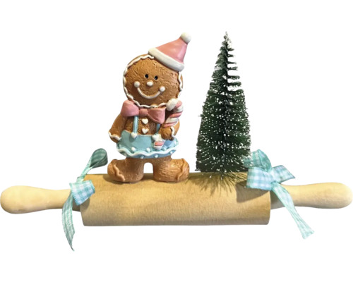 Figurine déco XMAS rouleau à pâtisserie avec gâteau et sapin l 20 cm h 11 cm rose turquoise Figurine bonhomme en pain d''épices avec sapin de Noël et rouleau à pâtisserie