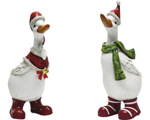 Zwei dekorative Gänsefiguren mit Weihnachtsmotiven.