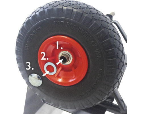 Roue avec axe, rondelle et goupille fendue pour fixation sur une brouette ou un chariot