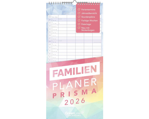 Agenda familiale Prisma 2026 avec dates de vacances, aperçu annuel, horaires, semaines en couleur, jours fériés et feuilles d''autocollants