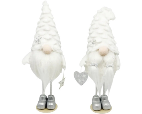 Figurine déco lutin ssortis garçon avec étoile et fille avec coeur debout h 18 cm blanc Deux gnomes décoratifs blancs avec des bonnets en forme de sapin de Noël comme décoration de Noël