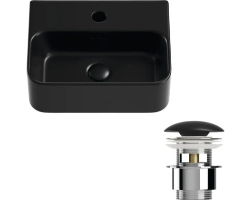 Schwarzes Aufsatzwaschbecken aus Keramik mit Ablaufgarnitur