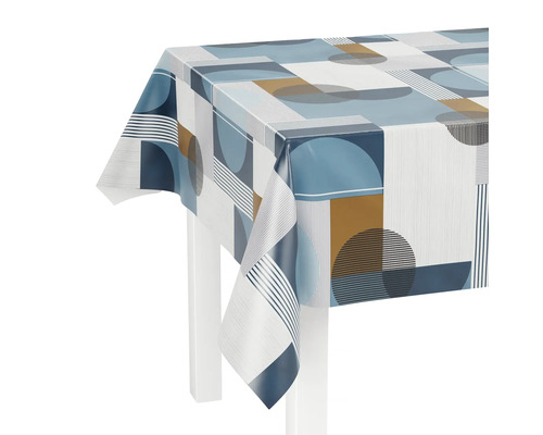 Table avec une nappe en toile cirée à motif géométrique.