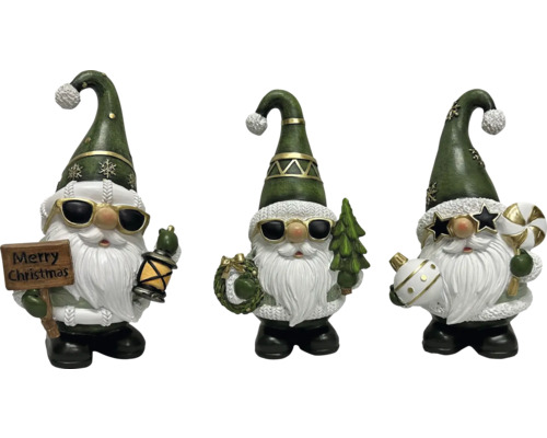 Drei Gartenzwerge mit Sonnenbrille, Weihnachtsmotiven und grünen Mützen