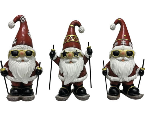 Figurine décorative Père Noël surdes skis 3 assortis rouge 8.5 x 12 x 19 cm Trois nains de jardin avec skis et lunettes de soleil