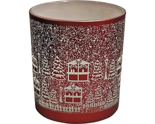 Windlicht aus Glas Bergdorfmotiv Ø 5.5 cm H 6.5 cm innen weiss, aussen rot/weiss Windlicht mit Winterdorfmotiv