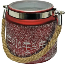Rote Glaslaterne mit Winterdorfmotiv und Seilgriff