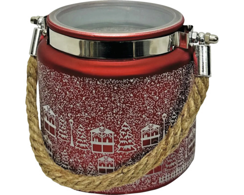 Windlicht aus Glas mit Hanfseil Henkel Bergdorfmotiv Ø 10 cm H 10 cm rot weiss Rote Glaslaterne mit Winterdorfmotiv und Seilgriff