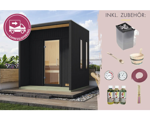 Saunahaus Karibu Presto inkl. 9 kW und integrierter Steuerung mit Ganzglastüre aus Klarglas schwarz Aussensauna mit Zubehör und Expresslieferung