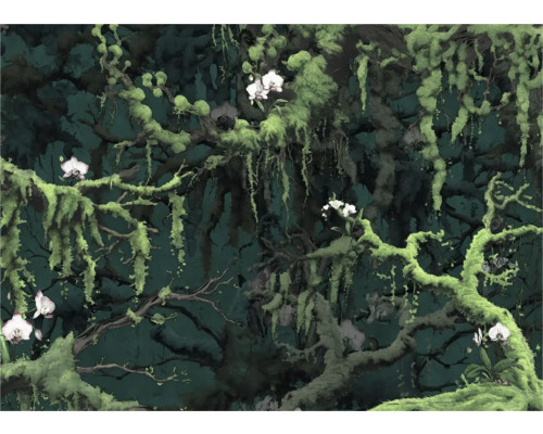 Papier peint avec motif de jungle, branches, mousse et orchidées