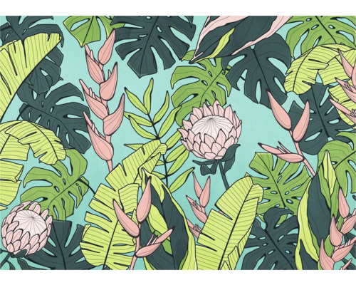 Illustration avec feuilles et fleurs tropicales