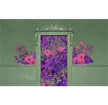 Peinture murale décorative avec motif floral et cadre en stuc