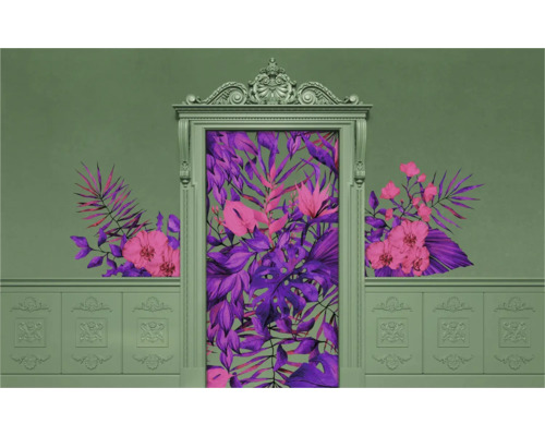 Peinture murale décorative avec motif floral et cadre en stuc