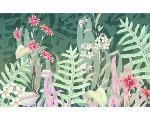 Papier peint floral avec motif de fougères et de fleurs