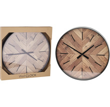 Wanduhr mit Holzmuster und schwarzem Rahmen