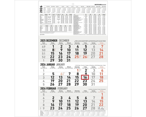 Zettler Kalender mit Monatsübersicht Dezember 2025, Januar und Februar 2026