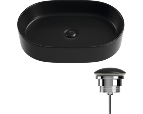 Schwarzes Aufsatzwaschbecken aus Keramik mit Ablaufgarnitur