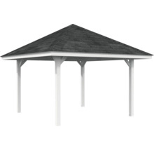 Pavillon avec toit en bardeau et poteaux blancs