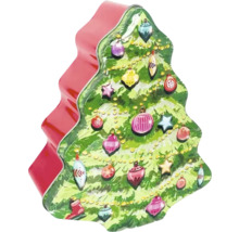 Dose in Form eines Weihnachtsbaums mit weihnachtlichen Motiven