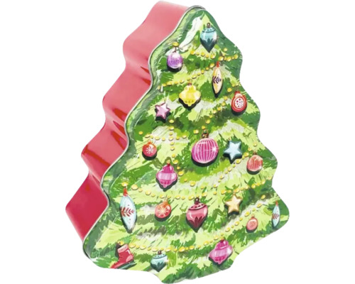 Dose in Form eines Weihnachtsbaums mit weihnachtlichen Motiven