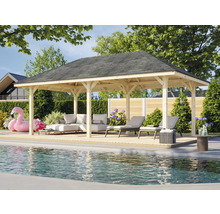 Pavillon de jardin en bois avec mobilier et piscine