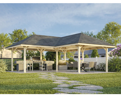 Grande tonnelle de jardin avec espace barbecue et coin salon sur une pelouse