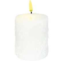Bougie pilier blanche avec motif de flocon de neige et flamme jaune