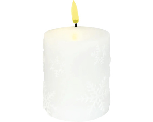 Bougie en cire véritable LED avec motifs flocons de neige Ø 7.5cm H 10cm Bougie pilier blanche avec motif de flocon de neige et flamme jaune