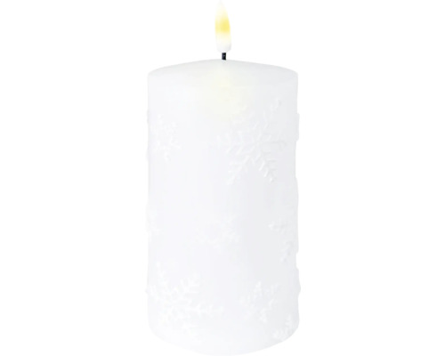 Bougie en cire véritable LED avec motifs flocons de neige Ø 7.5cm h 15cm Bougie décorative blanche avec motif de flocons de neige