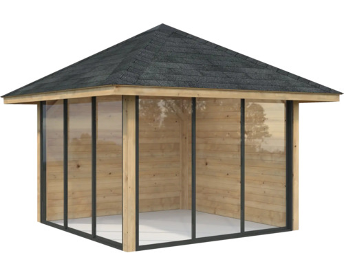 Pavillon de jardin avec toit en bardeau bitumé et murs en bois