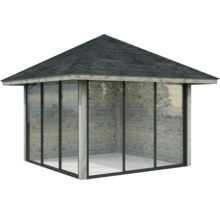 Gartenhaus mit Holzstruktur und Glasfenstern