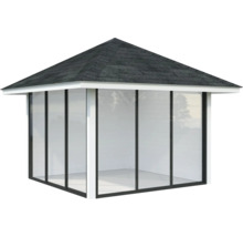 Pavillon avec toit et parois en verre pour le jardin