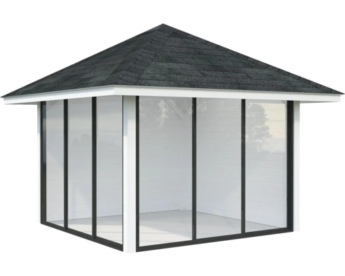 Pavillon avec toit et parois en verre pour le jardin