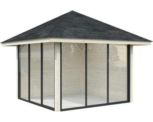 Pavillon en bois avec toit et parois transparentes