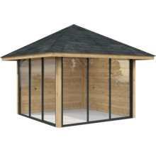Pavillon de jardin avec murs en bois, fenêtres en verre et toit en tuiles