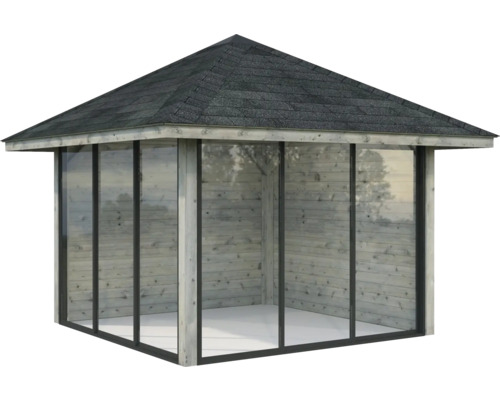 Pavillon en bois avec toit fermé et parois en verre