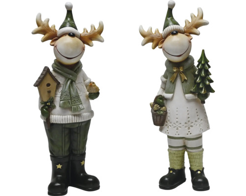 Zwei dekorative Elchfiguren mit Mütze, die eine mit Vogelhaus und Vogel, die andere mit Korb und Weihnachtsbaum.