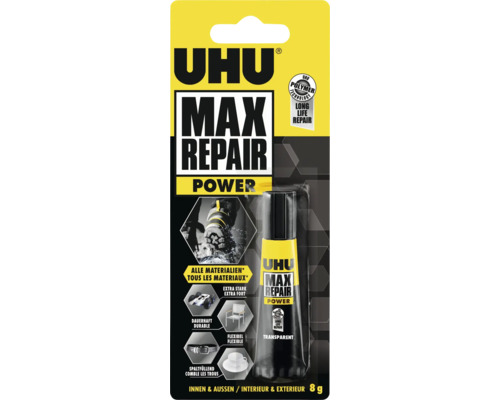 Colle Uhu Max Repair Power en conditionnement de 8 grammes pour l''intérieur et l''extérieur.