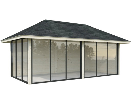 Maison de jardin en bois avec parois en verre et toit