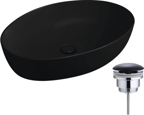 Schwarzes Aufsatzwaschbecken aus Keramik mit Ablaufgarnitur