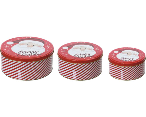 Trois boîtes de conserve rondes avec motif de Noël et rayures
